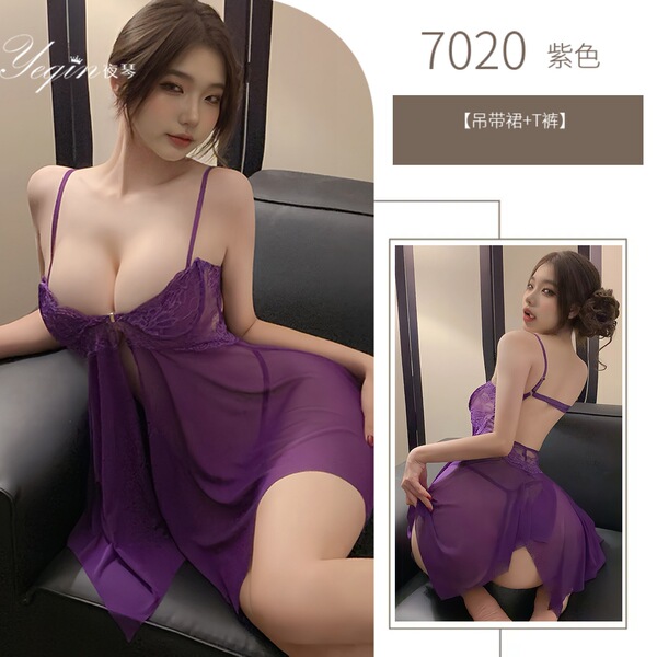 Yeqin Nu Sensual Lace Sleep Dress - Sheer Transparent Sexy Nightgown with Adjustable Straps & Intricate Cut-Outs - Purple nightgown (stockings not included)