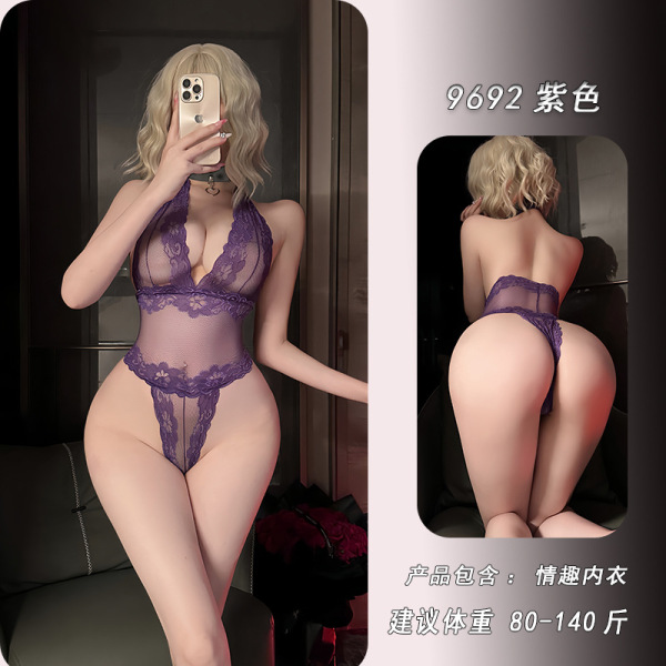 Feiniao Moon Gazer Sexy Lingerie - Transparent Bodycon Bodysuit with Lace Cutouts & Open Back Design - purple bodysuit