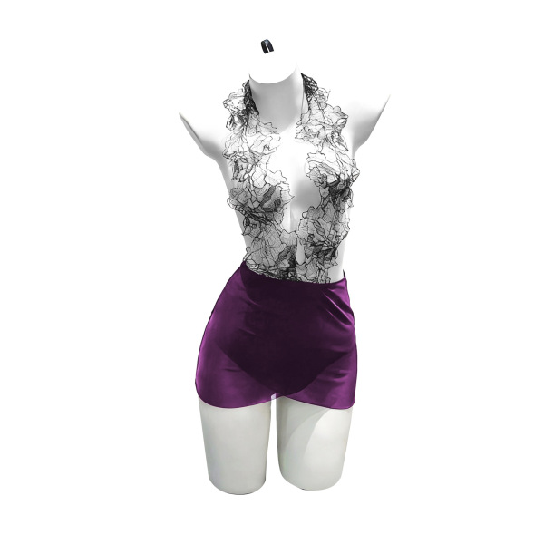 Chu Rui Women's Seductive Office Dress - Deep V-Neck Bodycon Secretary Skirt with Adjustable Ties - Purple bodycon skirt