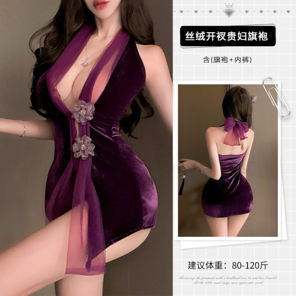 Purple Velvet Seductive Qipao Lingerie Set – Busty-Free Tie-Back Sleepwear for Women, Pure & Tempting - Purple + Purple Stockings