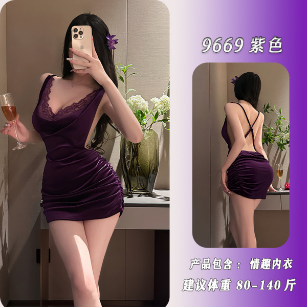 Starry Night Dance Lingerie Set – Sexy Lace Bodycon Skirt Costume, Pure-Temptation Sleepwear for Women - Purple + matching fishnet stockings