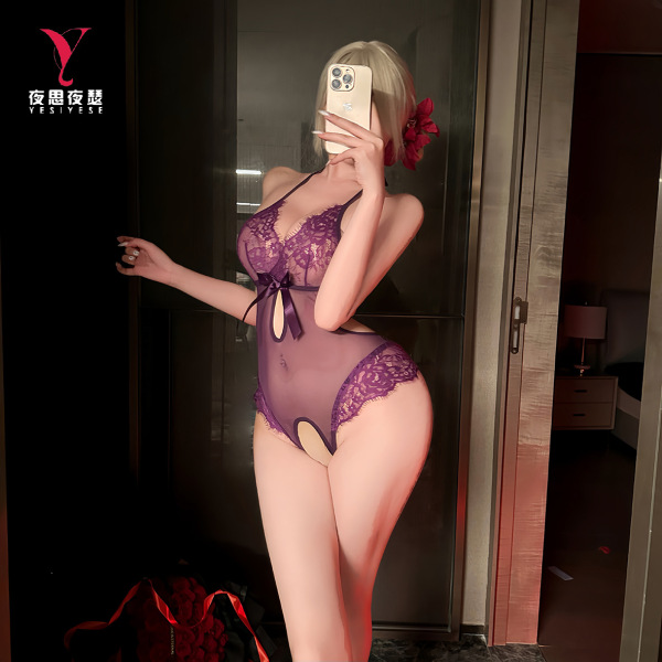 Woman in mirror selfie wearing purple sensual lingerie set with open-crotch design and lace trim, easy-wear uniform style nig...