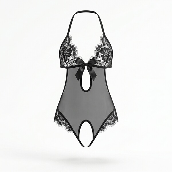 Black lace lingerie set with open-crotch design, featuring floral patterns and a bow detail for a sensual nightwear look.