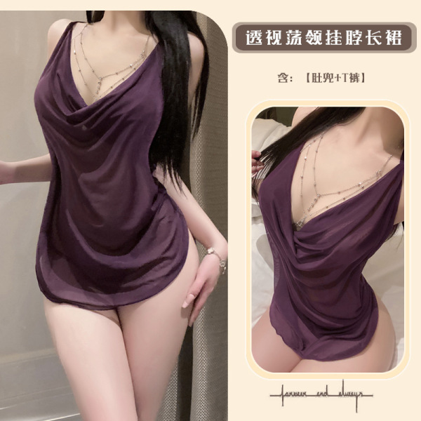 Luminous Gold Lace Bodysuit - Sheer Mesh Halter Sleep Dress with Flirty Deep V-Neck & Body-Conscious Fit - Purple [Short skirt + T-shirt]