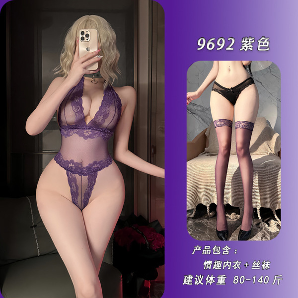 NightSigh NightSere Sexy Transparent Lace Bodysuit -Europe and America-Inspired Erotic Outfit for Women - Purple + matching stockings