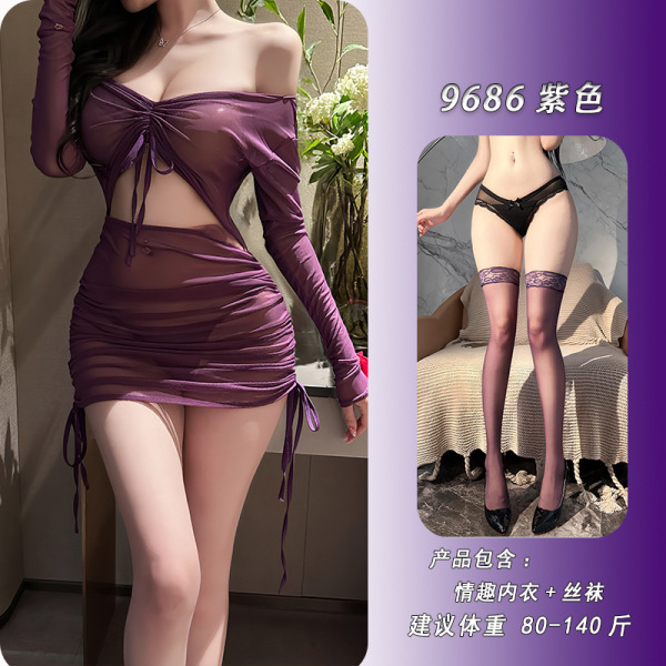 Feiniao Kuiyue Sexy Lingerie Set - Sheer Hot Uniform Bodysuit with Long Sleeves & Bodycon Skirt - Purple + matching stockings