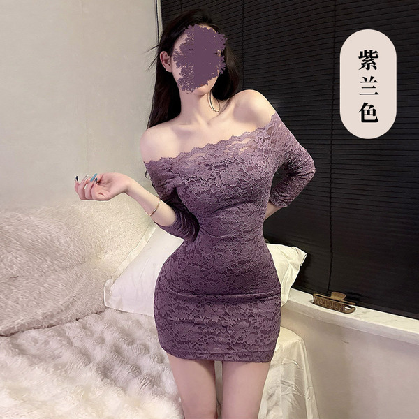TikTok Trendy Lace One-Shoulder Dress - Sexy Bodycon Mini Skirt for Women, Pure Allure Style - Purple-blue + black stockings