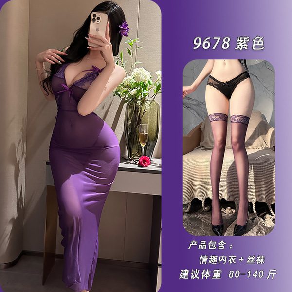 Purple V-Neck Sheer Lace Nightgown - Seductive Bird Moon-Themed Lingerie Set for Date Night & Sleep - Purple + matching stockings