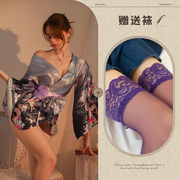 Purple Sensual Lounge Robe & Kimono Sleep Dress – Floral Fox Dream Open-Front Waist-Tied Japanese-Style Nightwear - Purple + Purple Stockings