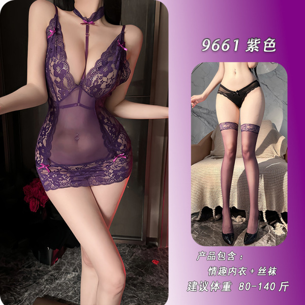 NightSi NightSe Sheer Mesh Lace Camisole Sleep Dress – Sexy Deep V-Band Sleepwear for Women - Purple + matching stockings