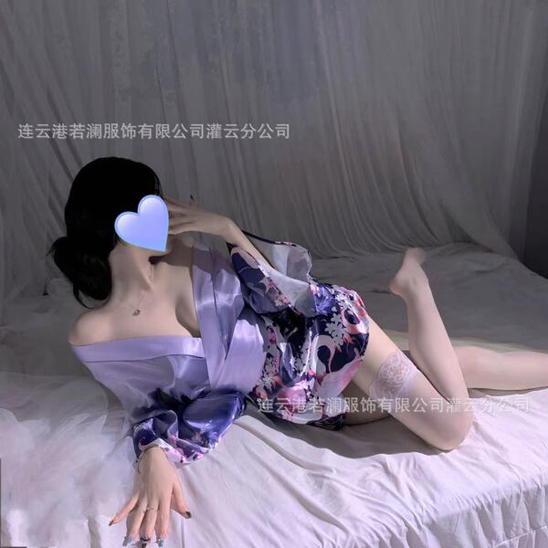 Ruolan Japanese Kimono-Style Lingerie Set - Sweet Anime Sleepwear Robe & Open-Front Nightgown for Women - Purple outfit + matching stockings