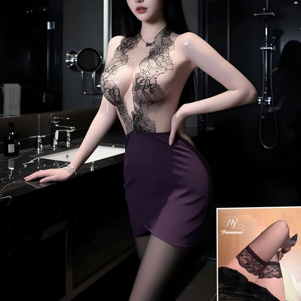 Sexy Lace Bodycon Mini Dress - Seductive Lingerie Set with Sheer Cutouts & Matching Sleepwear - Purple + Purple Stockings