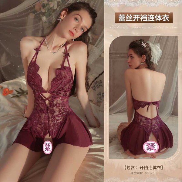 Mannyan Seductive Lace Bodysuit Sleep Dress - Backless Halter Nightgown for Women, No-Remove Intimate Lingerie - Purple [Single-piece open-crotch bodysuit] + 7004 purple stockings