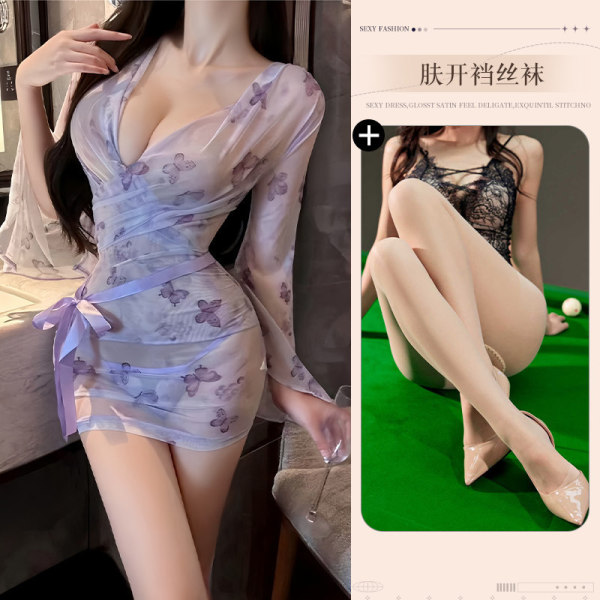QQNY Pure Allure Sleepwear Set - Elegant Sensual Lingerie for Women, Luxury Bedroom Wear - Purple and skin-toned open-crotch stockings