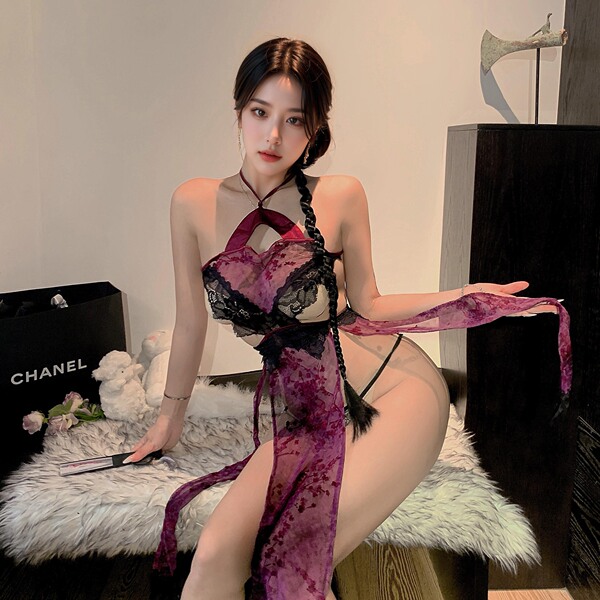 Purple High-Slit Cheongsam Lingerie Set – Sheer Seductive Sleepwear, Sensual Bedroom Outfit with Alluring Cutouts - Purple skirt + thong + open-crotch stockings