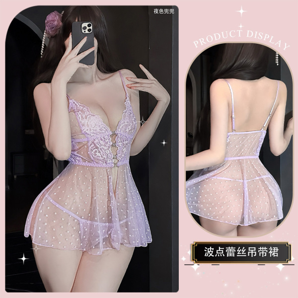 Chao Mu Lace Lingerie Set - Pure & Tempting Sheer Mesh Sleep Dress for Women, Small Bust Friendly - Purple nightgown + white butterfly stockings