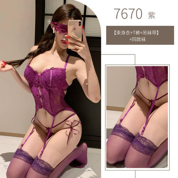 Pure & Tempting Women's Lace Lingerie Top - Sexy Bra-Integrated Camisole Bodysuit with Push-Up Pads - Purple outfit + matching socks