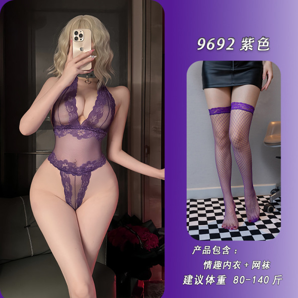 Feiniao Moonbird Sheer Lace Bodysuit - Seductive Mesh Bodycon Erotic Lingerie Set 9692 - Purple + matching fishnet stockings