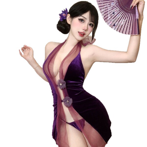 Elegant purple velvet cheongsam lingerie set with sheer backless design, perfect for effortless elegance.