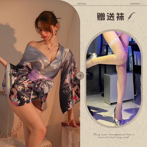 Yetingxiang Purple Sensual Robe Sleep Dress – Japanese-Inspired Kimono Style Lingerie with Waist Tie & Floral Design - Purple and white fishnet stockings
