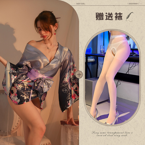 Purple Sensual Lounge Robe & Kimono Sleep Dress – Floral Fox Dream Open-Front Waist-Tied Japanese-Style Nightwear - Purple and white open-crotch socks
