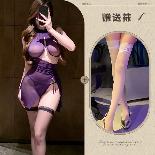 Mannyqing Sexy Lingerie Set - Sheer Split Skirt with Halter Tie & Ruched Bodycon Dress, Pure-Dream Style - Purple and white stockings