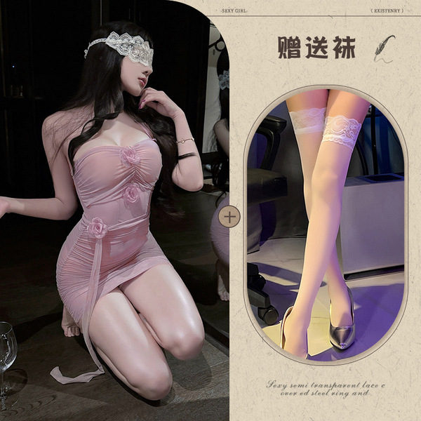 Mannyqing Pure-Yu Rose Mesh Bodycon Dress – Floral Sheer Lace Sleepwear Set for Women - Purple and white stockings