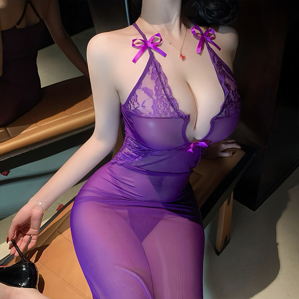 Sexy Lace Sheer Slip Dress - Provocative Mesh Bodycon Nightclub Outfit for Women - Purple and white stockings