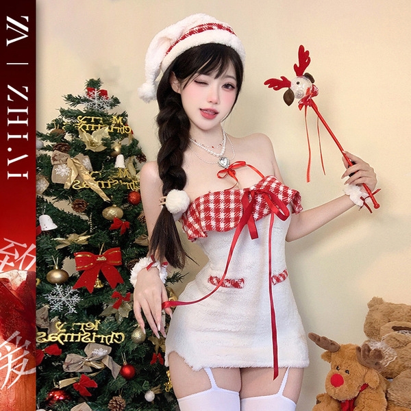 Christmas Lingerie Set - Sexy Velvet Cosplay Costume Dress with Seductive Strap Details, New Year Pure & Tempting Outfit - Q083 Christmas [Christmas Dress + Hat + Bracelet * 2]