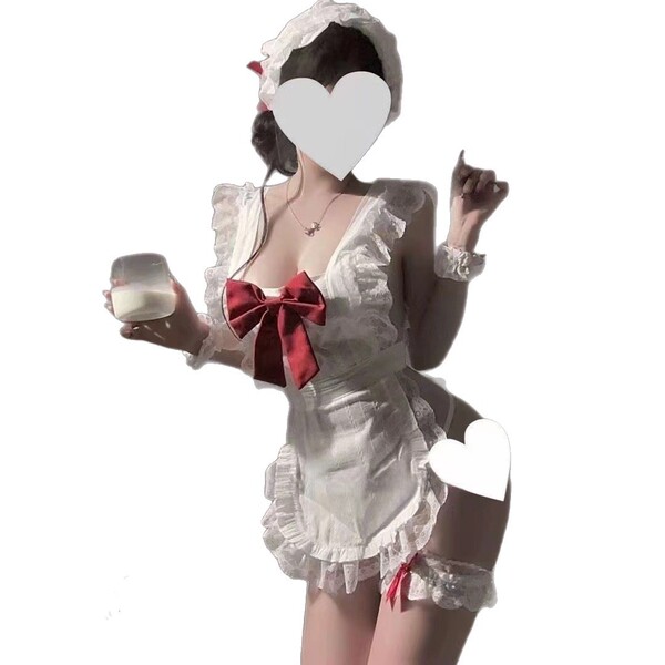 A woman wearing a white maid costume with red accents, holding a glass of milk, posing playfully against a white background.