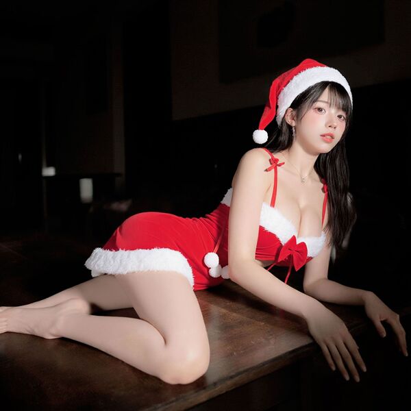 Sexy santa-themed velvet sleep dress with festive hat, perfect for holiday role play and new year eve celebrations.
