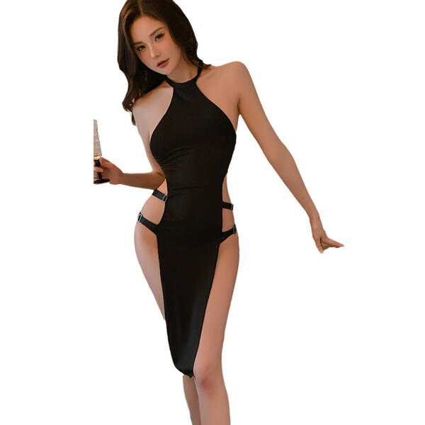 Elegant black high-waist split bodycon nightdress set with ice silk texture, perfect for sexy sleepwear ensembles.