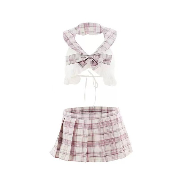 Qingran sexy plaid jk uniform set - summer student lingerie with lace-up & cut-out details