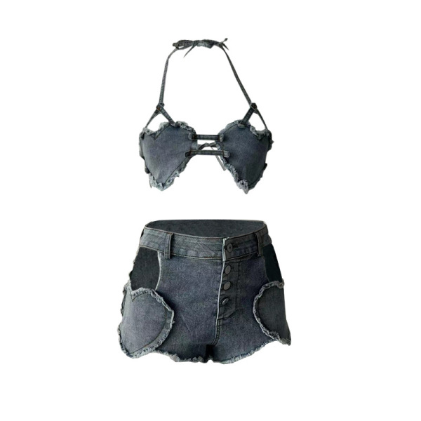 Denim lingerie set with heart-shaped bra and short panty costume for bedroom play.