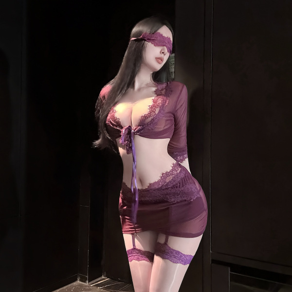 Woman wearing purple qingshe lace nursing lingerie set with blindfold, sheer mesh top, garter belt, and stockings in dark roo...