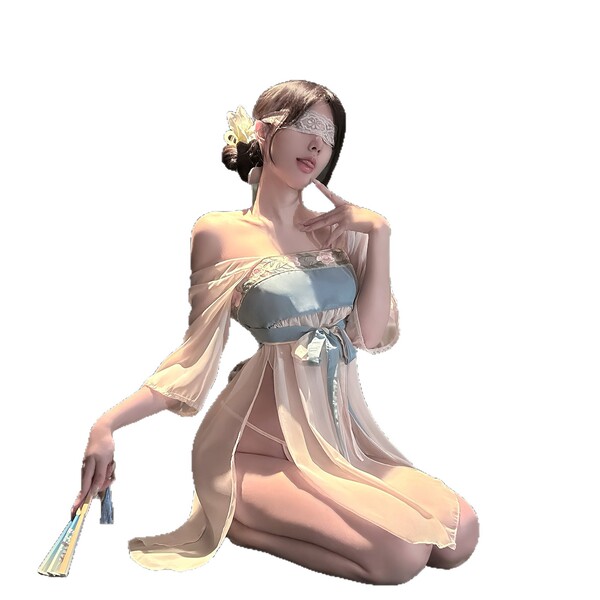 Woman kneeling in elegant qingshe lingerie set with sheer sleeves, butterfly hair accessory, and fan.