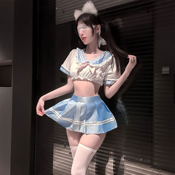 A stylish model showcases a qingshe pure sailor-style sensual lingerie skirt, featuring flirty pleats and a playful design in...