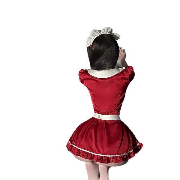 Red maid dress with white trim and bow, perfect for cosplay or adult entertainment, featuring soft fabric and feminine design...