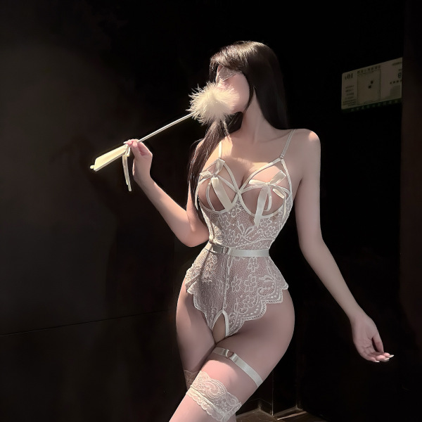 Woman wearing qingshe sexy lingerie – pure & tempting lace erotic underwear set with sheer stockings, holding a feathered wan...