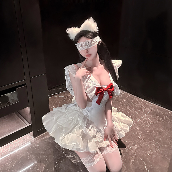Qingshe soft cute lingerie set - bowknot maid-inspired pure & tempting lolita erotic underwear for women, featuring a white d...