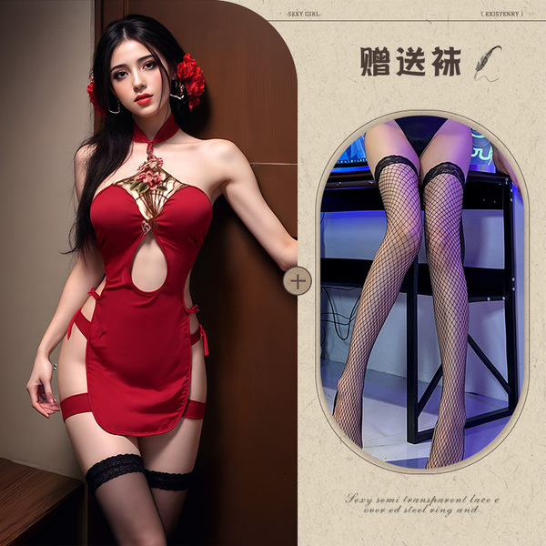 Mannyqing Vintage Cheongsam Lingerie Set - Sexy Lace Embroidered Bodysuit with High Slit for Women - Cheongsam + Black Fishnet Stockings