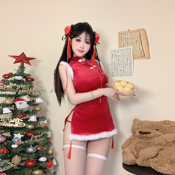 Sexy Christmas Bunny Costume for Women - Festive New Year Cosplay Outfit & Naughty Holiday Lingerie - 9845 [Cheongsam + Hair Bun]