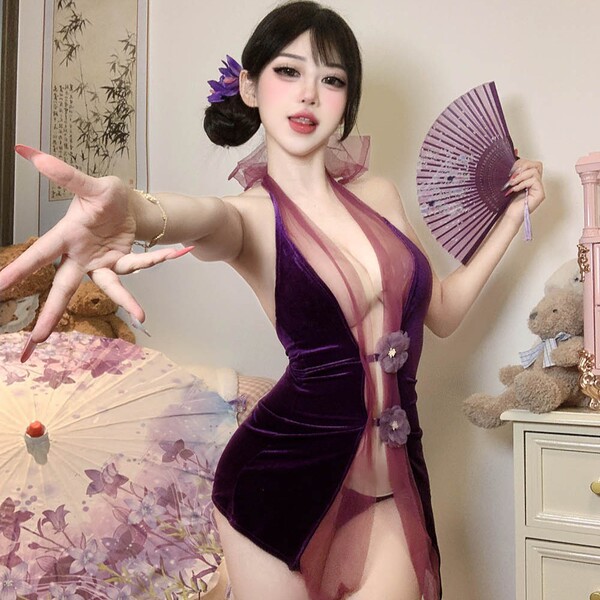 Purple Velvet Cheongsam Lingerie Set - Sexy Sheer Backless Sleepwear, No-Remove Design for Effortless Elegance - Purple [Cheongsam + T-shirt]