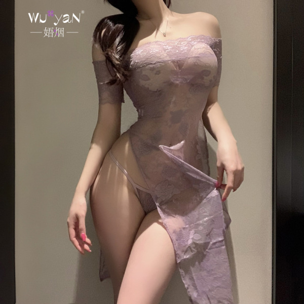 Wuyan Diao Sensual Qipao Lingerie Set - Forbidden Elegance Open-Crotch Sleepwear for Couples - Purple Cheongsam