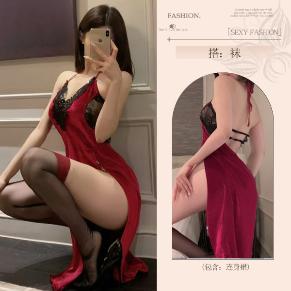 Seductive Abstinence Style Lingerie Set for Women – Sexy Sleepwear & Couples Roleplay Costume by QQNY - Cheongsam [Cheongsam + T-shirt] + Purple Stockings