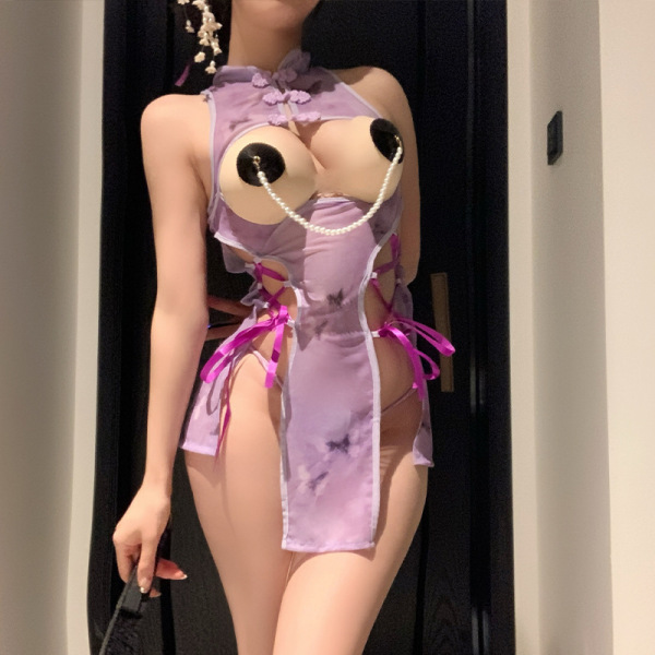 QQNY Silk-Look Sensual Lingerie Set – Pure-Yu Style Cheongsam-Inspired Sexy Sleepwear & Roleplay Outfit - Cheongsam [Purple Cheongsam + T-shirt] + Nipple Covers + Fishnet Stockings