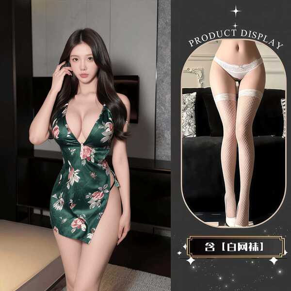 QQNY Pure Allure Sleepwear Set – Elegant Sensual Lingerie for Women, Luxury Bedroom Wear - Cheongsam nightgown + white fishnet stockings