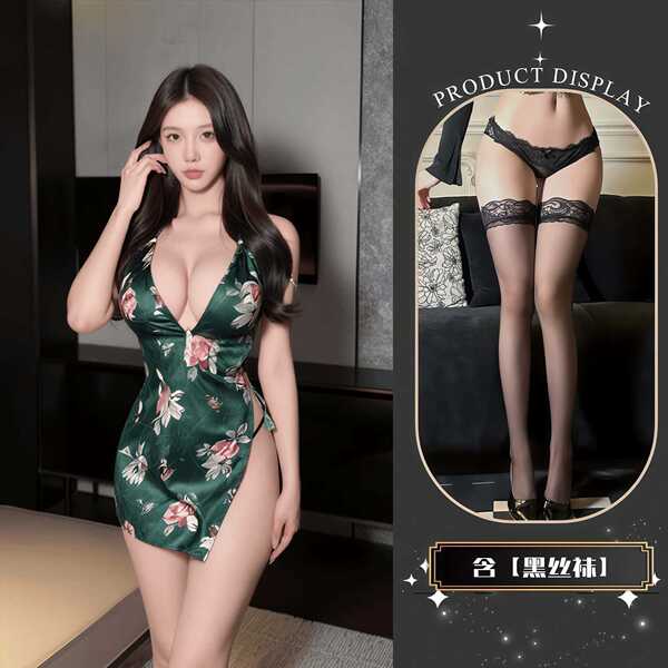 QQNY Pure Allure Sleepwear Set – Elegant Sensual Lingerie for Women, Luxury Bedroom Wear - Cheongsam nightgown + black stockings
