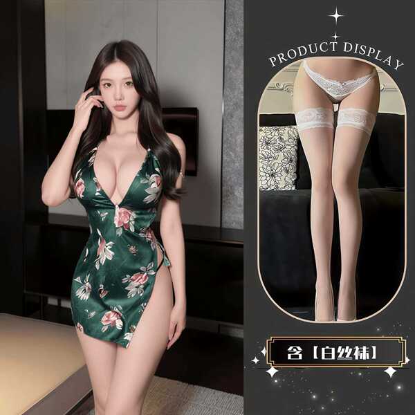 QQNY Pure Allure Sleepwear Set – Elegant Sensual Lingerie for Women, Luxury Bedroom Wear - Cheongsam nightgown + white stockings