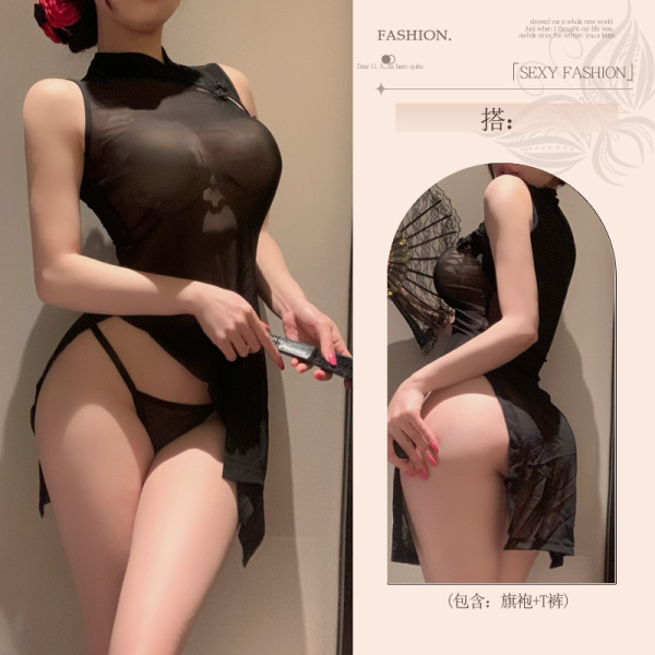 Qqny Forbidden Elegance Lace Cheongsam Lingerie Set – Sensual Open-Crotch Sleepwear for Couples - Cheongsam + White Open Crotch Stockings